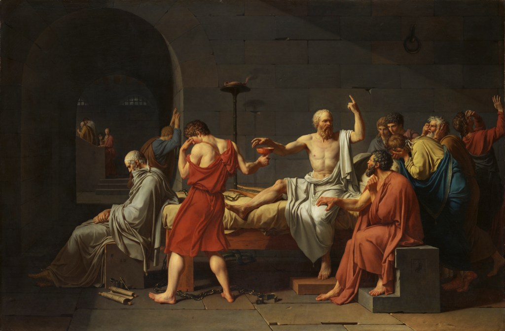 La Mort de Socrate de Jacques-Louis David (1787), symbole du rationalisme, de la quête de vérité et de la liberté de pensée dans la tradition des Lumières et du Rite Français Moderne